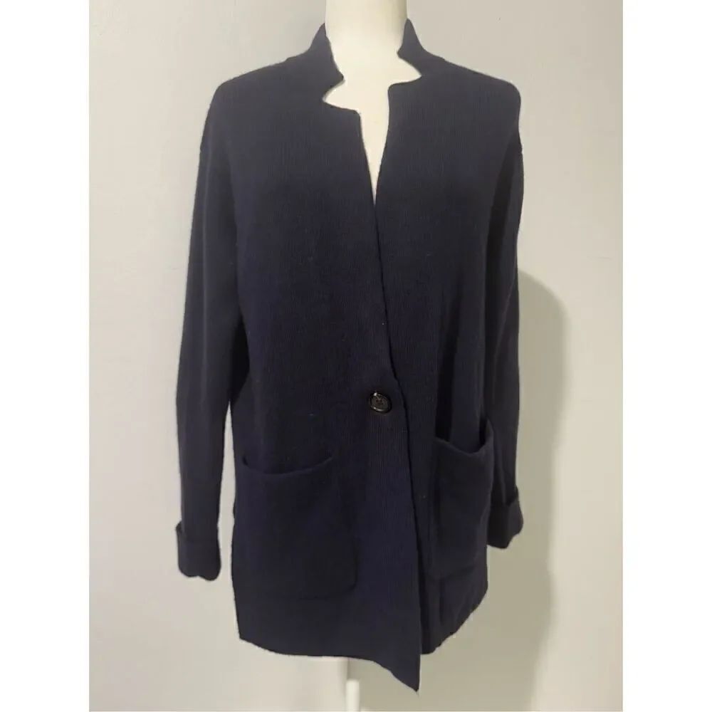 Talbots navy blue lambs wool blend cardigan one button front very soft XS